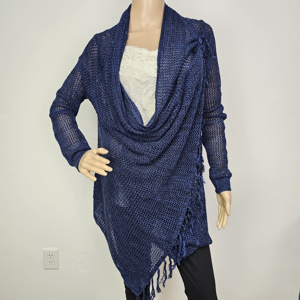 One World New Wave Blue Open Knit Poncho Style Fringed Wrap Sweater Sz S Whimsy